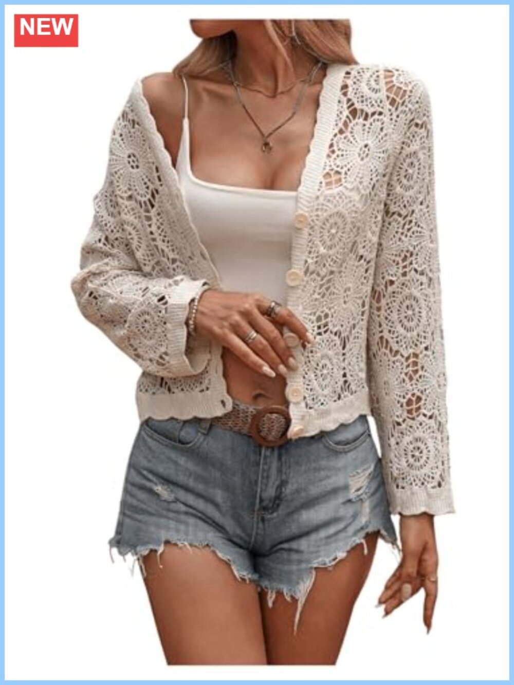 Boho Crochet Cardigan Sweater Button Front Long Sleeve Knit Top